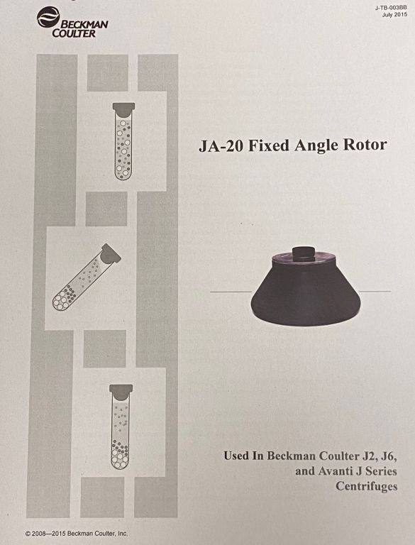 Beckman Coulter JA-20 Fixed-Angle Aluminum Rotor, 8 x 50 mL, 20,000 rpm, 48,400 x g