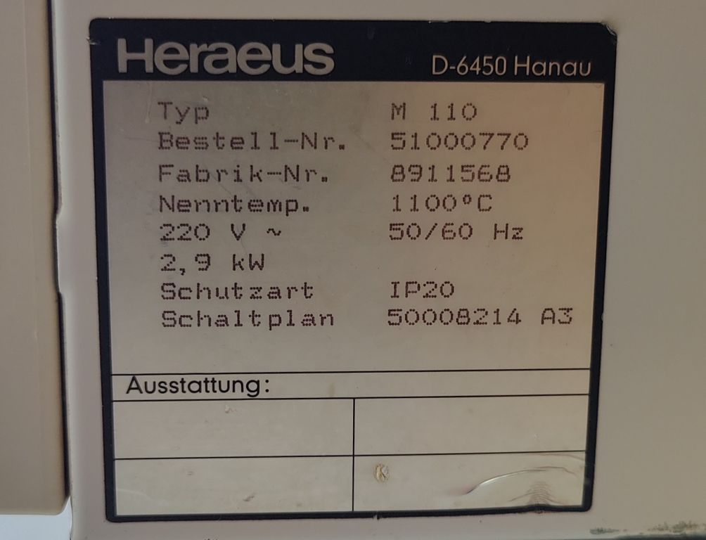 Heraeus M110 Muffelofen 1100°C, 9 Liter