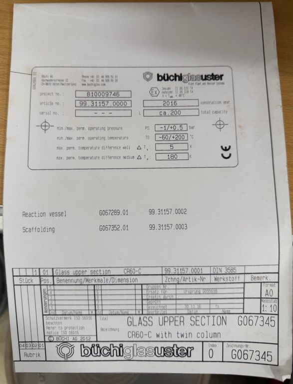 buchiglasuster ChemReaktor CR60C  Pilot und Forschungs Mehrzweckdestillationsanlage. EX geschützt, 60 Liter Reaktor, 50 Liter Filternutsche, etc