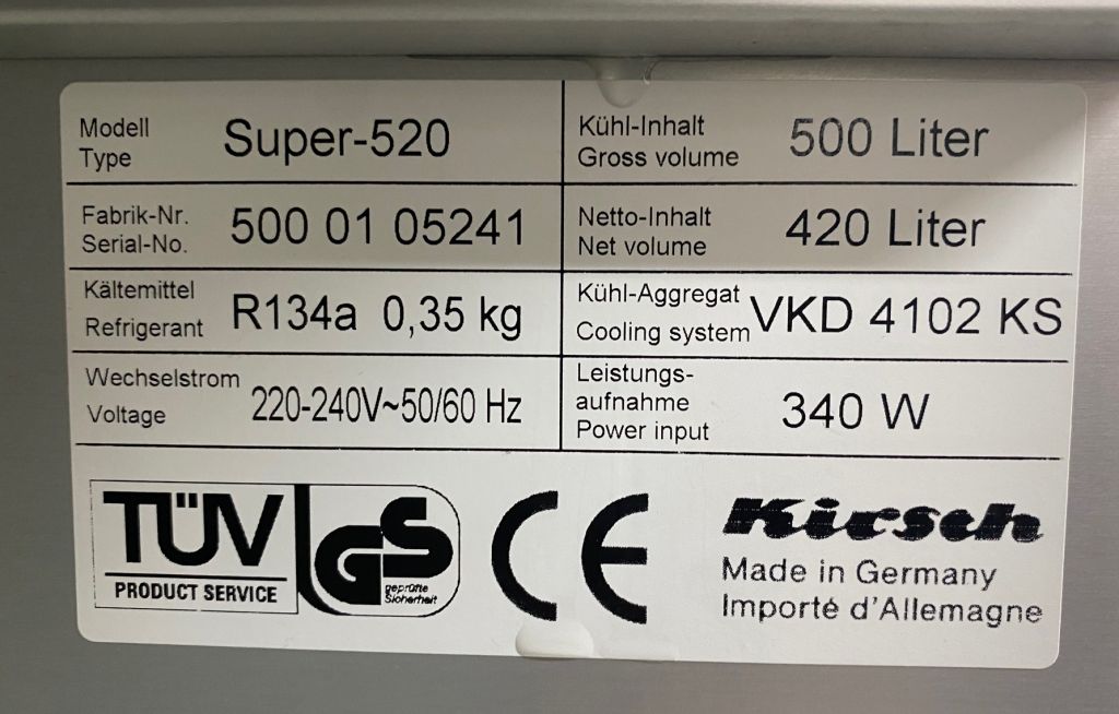 Kirsch Super 520 laboratory refrigerator, 420 liters, 0-15°C