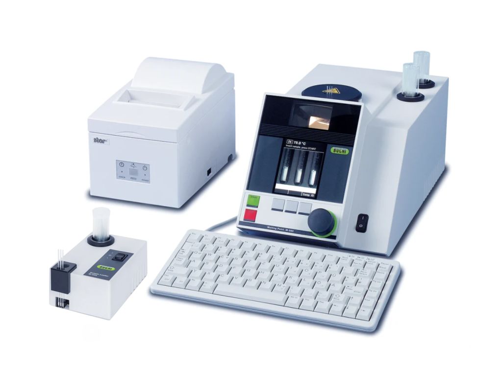 Büchi M-565  Schmelzpunktbestimmer mit M-569 Probenverdichter, Drucker SP712, Tastatur, Software,