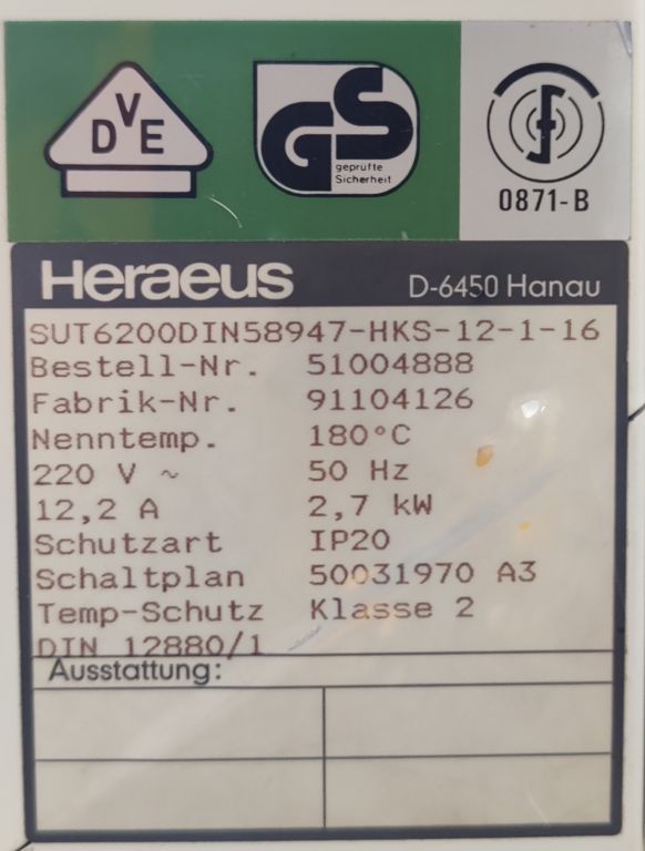 Heraeus SUT 6200 Heissluftsterilisator, 200°C