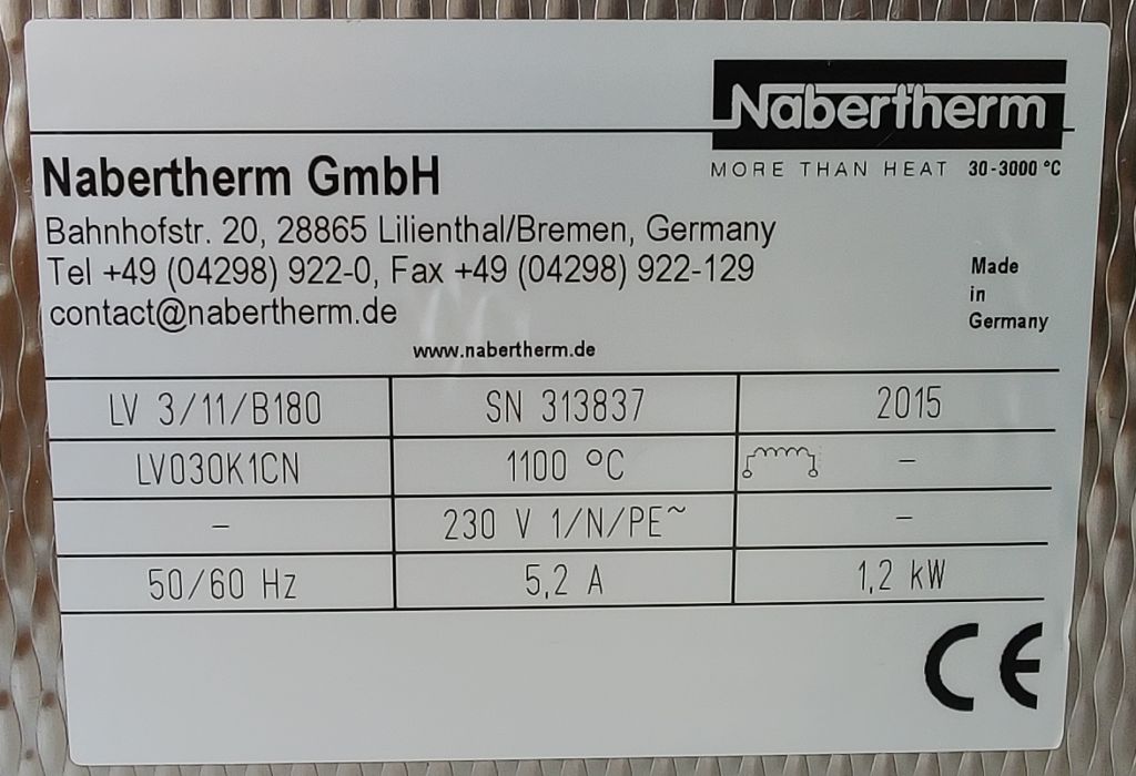 Nabertherm L3 / 11 / B180, 1100°C