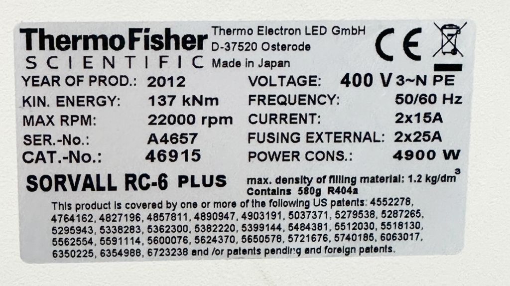 Thermo Scientific Sorvall RC 6 Plus Super Speed Centrifuge with F12-6x500 Fiberlite Rotor